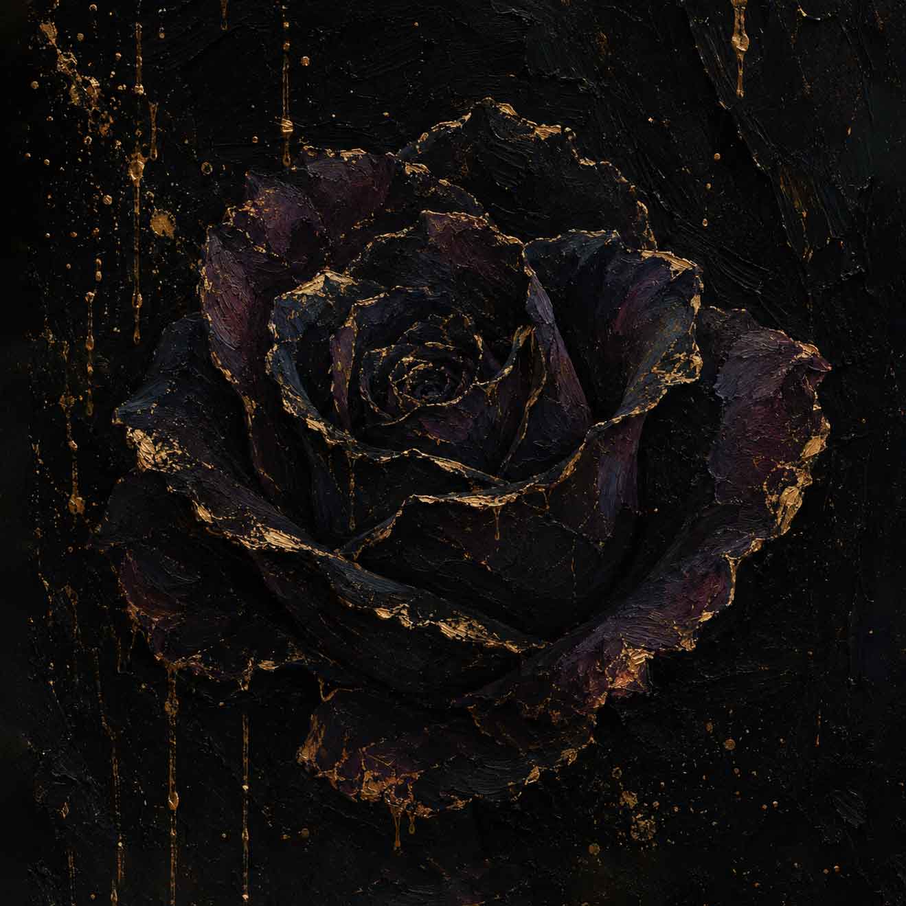 Oil-painted black rose edged in gold with gold drips on black — CENDRE 'Midnight noir' cover art